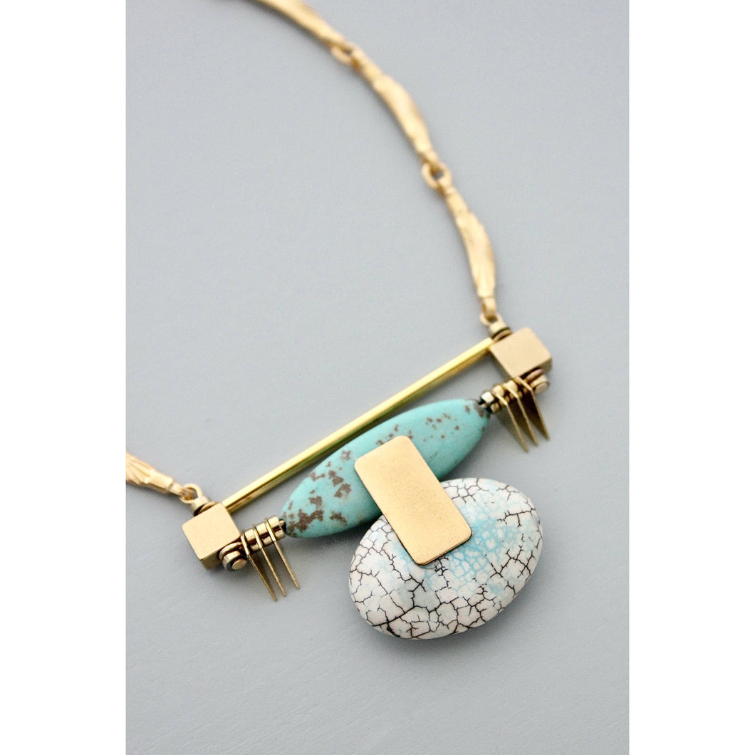 Deco Turquoise and White Pendant with Textured Bar Necklace