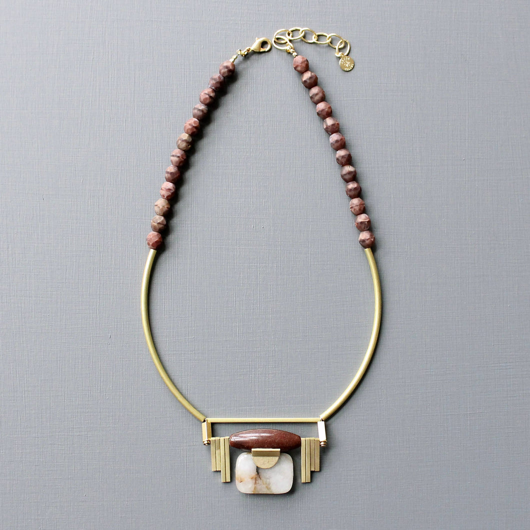 Burgundy and Jasper Art Deco Pendant Necklace