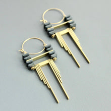 Load image into Gallery viewer, Deco Hematite &amp; Brass Hoop Earrings
