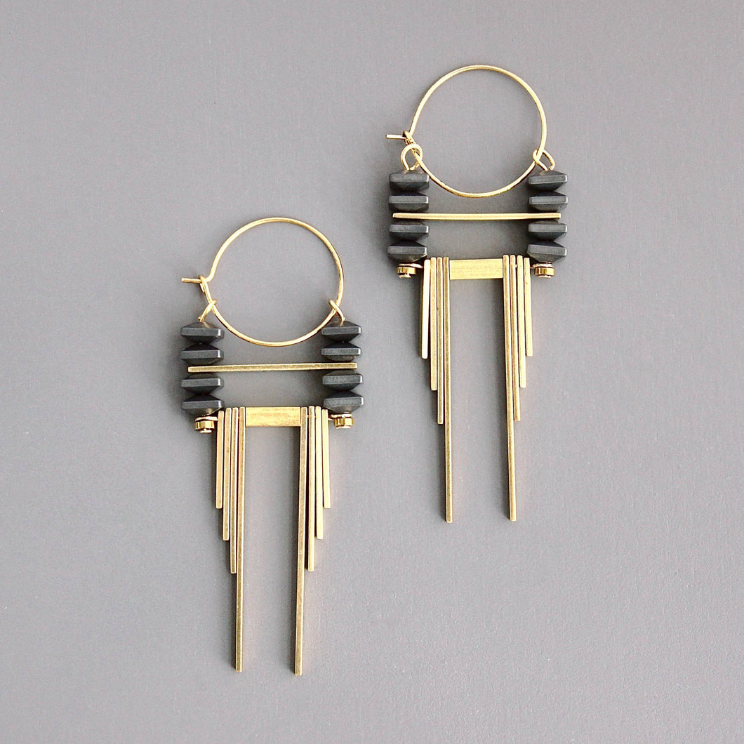 Deco Hematite & Brass Hoop Earrings